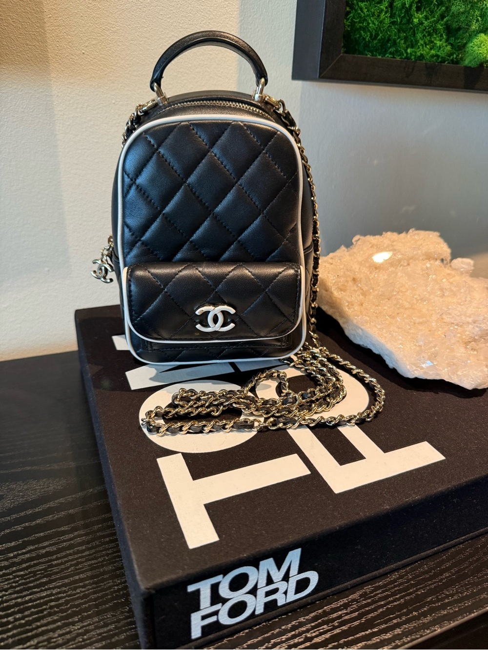 CHANEL Black Quilted Mini Backpack with Silver Chain